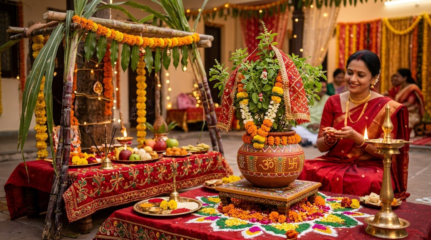 तुलसी विवाह पूजा मंडप, गन्ने का मंडप और सजी हुई पावन तुलसी माता